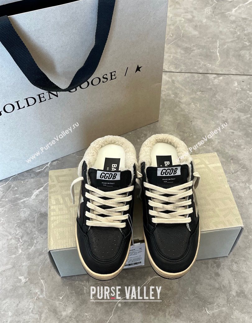 Golden Goose Women’s Ball Star Sabots Sneaker in black nappa leather and wool with silver star 2025 1031 (MD-251031055)