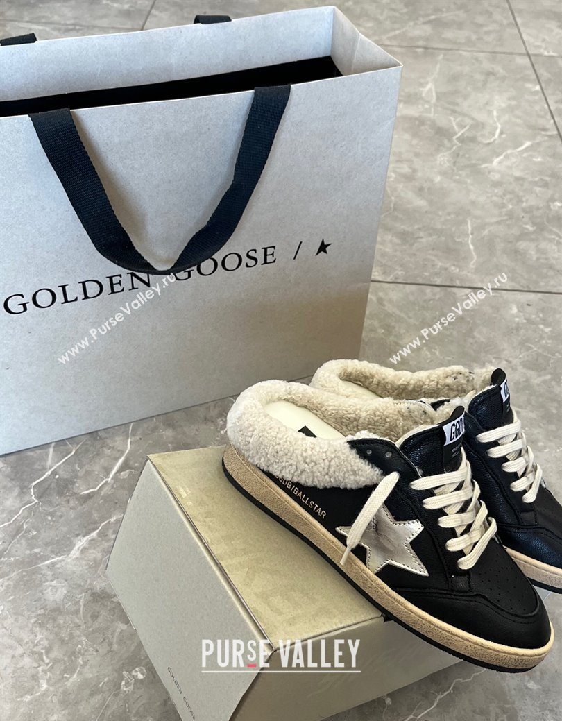 Golden Goose Women’s Ball Star Sabots Sneaker in black nappa leather and wool with silver star 2025 1031 (MD-251031055)