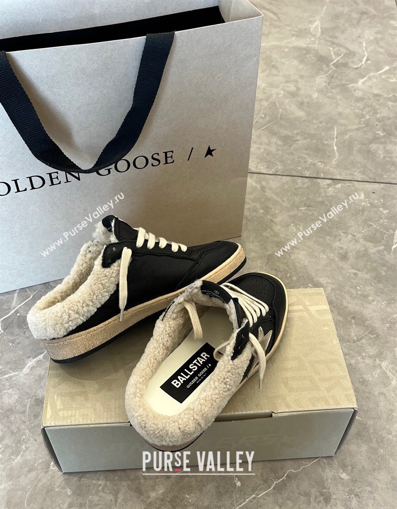 Golden Goose Women’s Ball Star Sabots Sneaker in black nappa leather and wool with silver star 2025 1031 (MD-251031055)