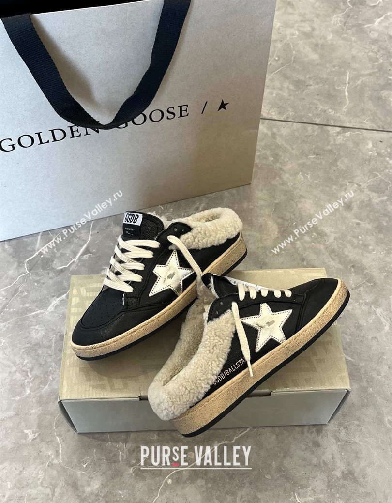 Golden Goose Women’s Ball Star Sabots Sneaker in black nappa leather and wool with silver star 2025 1031 (MD-251031055)