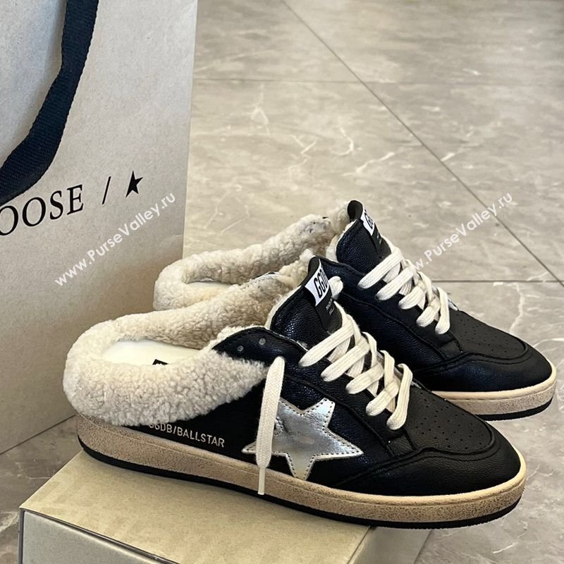 Golden Goose Women’s Ball Star Sabots Sneaker in black nappa leather and wool with silver star 2025 1031 (MD-251031055)