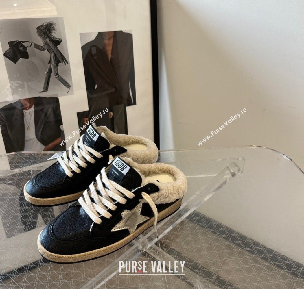 Golden Goose Women’s Ball Star Sabots Sneaker in black nappa leather and wool with silver star 2025 1031 (MD-251031055)