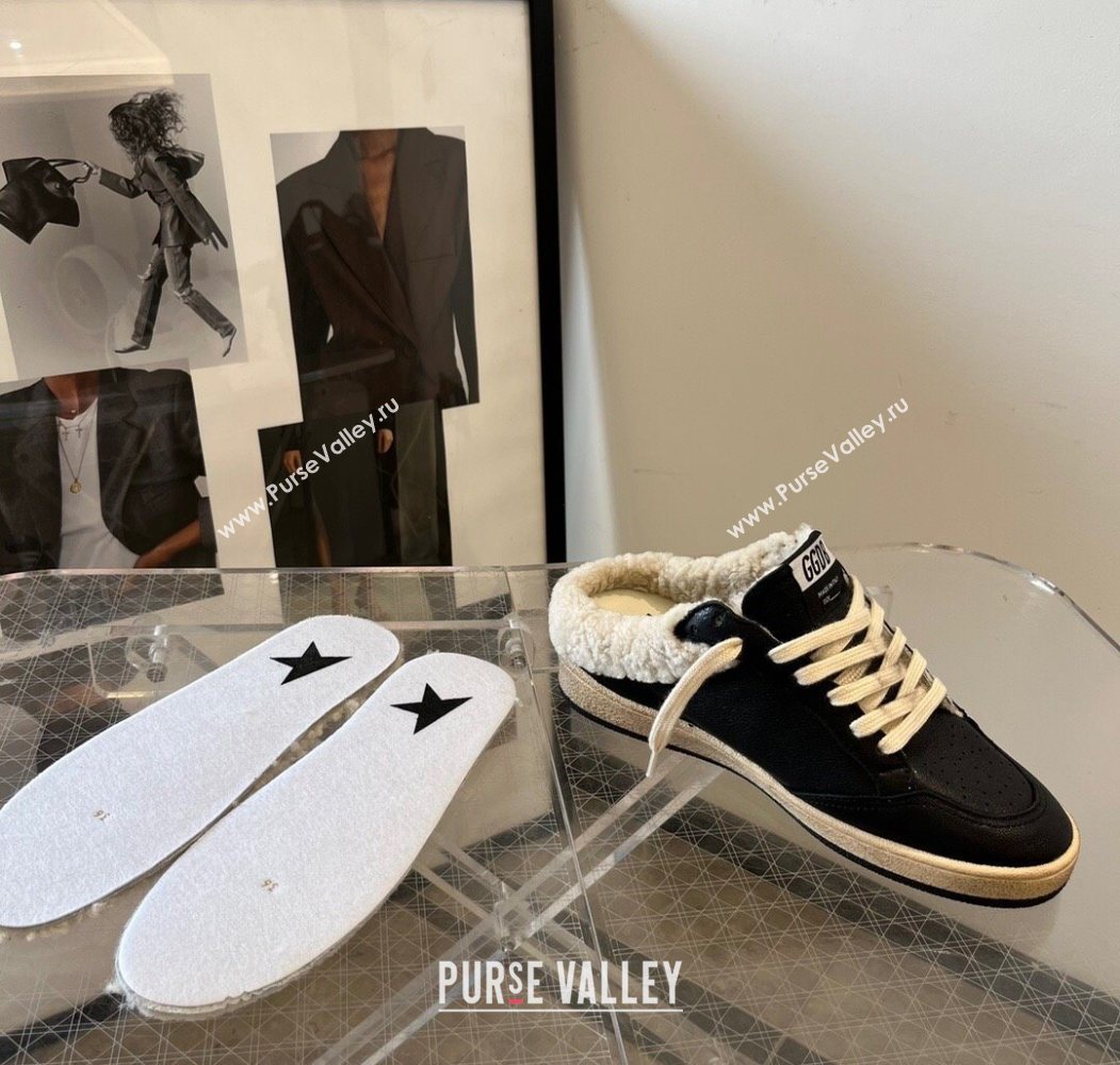 Golden Goose Women’s Ball Star Sabots Sneaker in black nappa leather and wool with silver star 2025 1031 (MD-251031055)