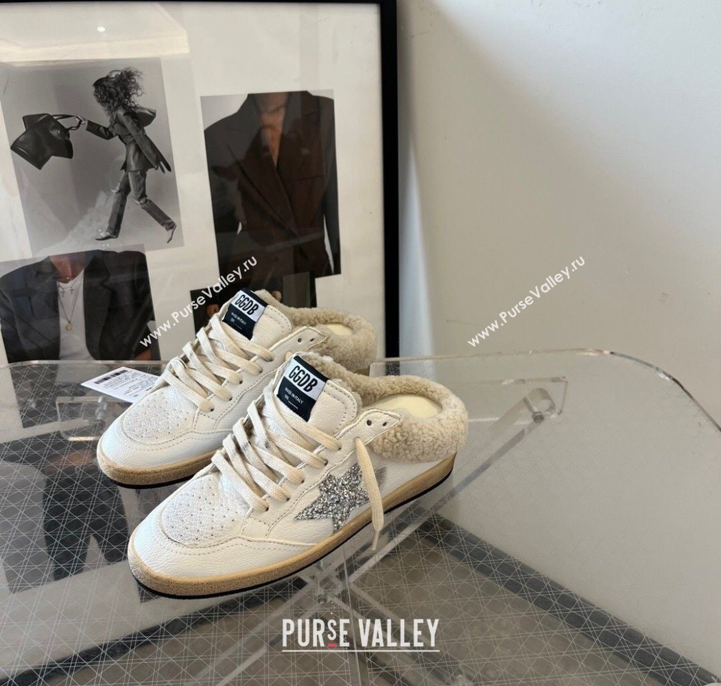 Golden Goose Women’s Ball Star Sabots Sneaker in white leather and wool with silver glitter star 2025 1030 (MD-251031056)