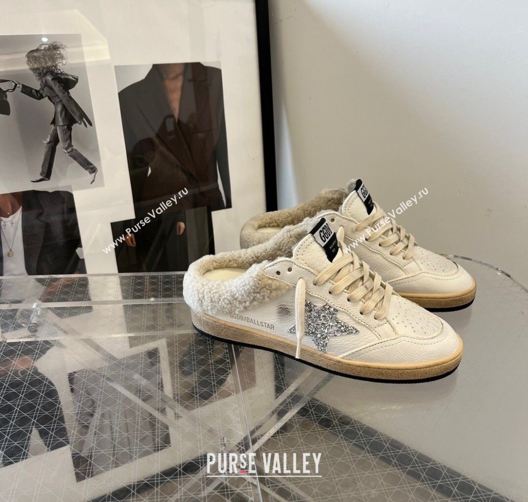 Golden Goose Women’s Ball Star Sabots Sneaker in white leather and wool with silver glitter star 2025 1030 (MD-251031056)