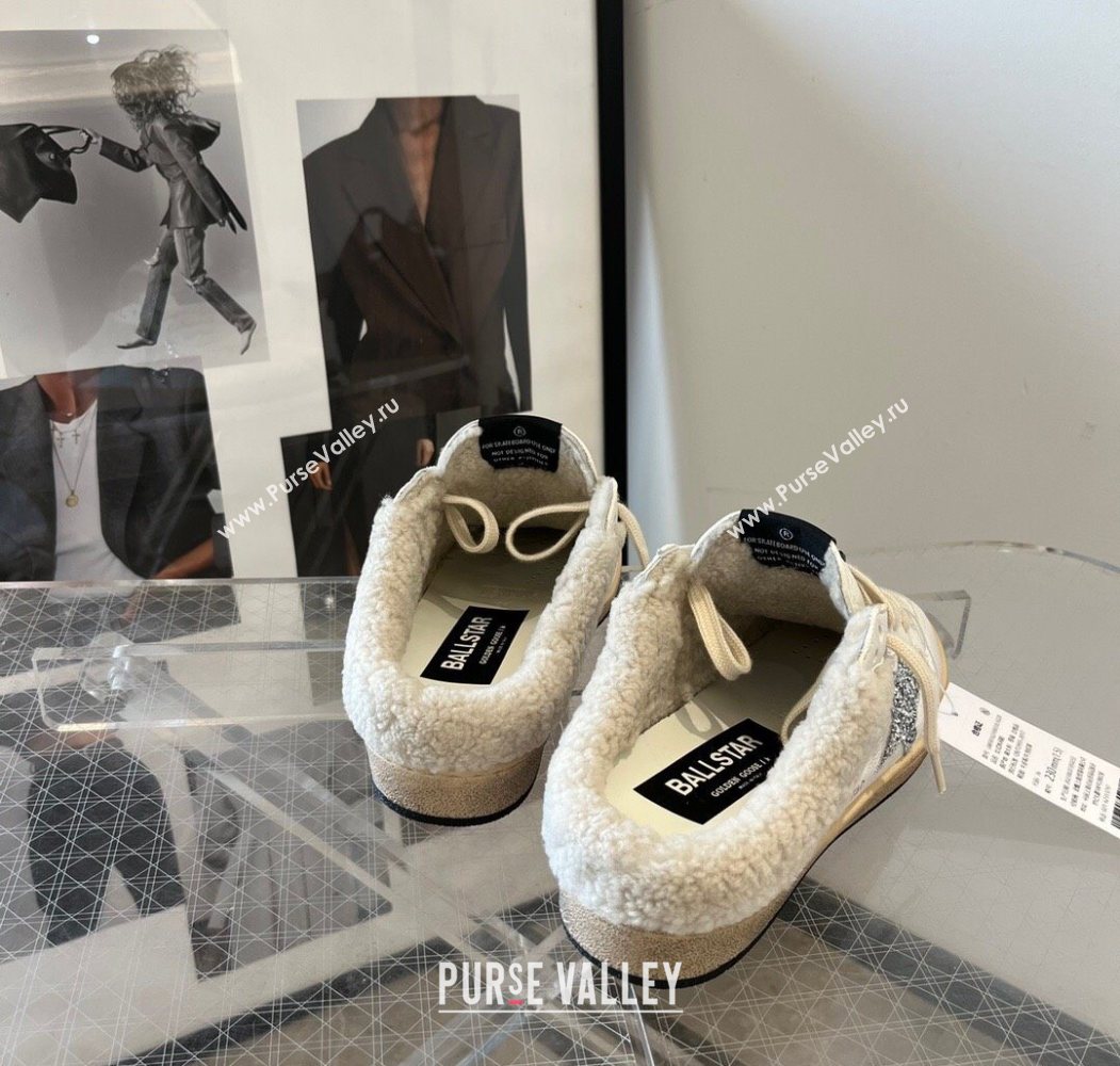 Golden Goose Women’s Ball Star Sabots Sneaker in white leather and wool with silver glitter star 2025 1030 (MD-251031056)