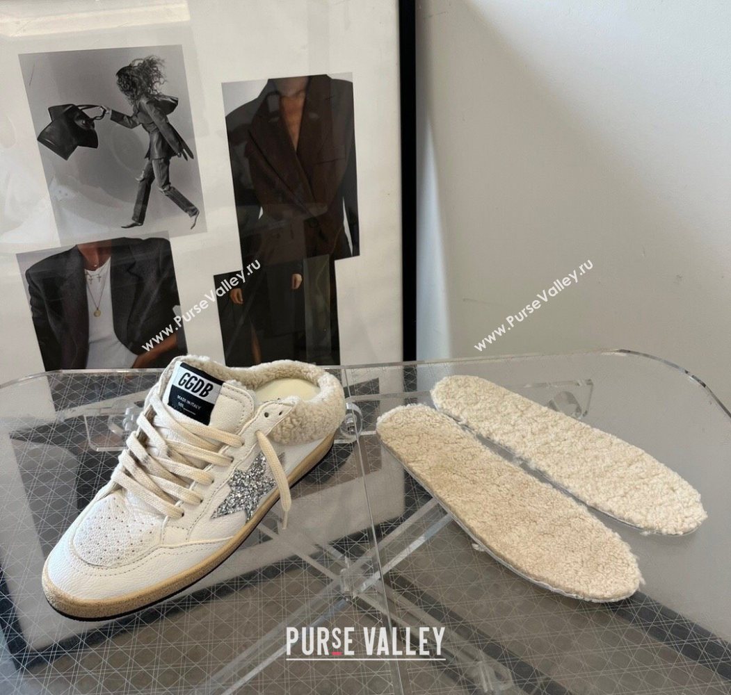 Golden Goose Women’s Ball Star Sabots Sneaker in white leather and wool with silver glitter star 2025 1030 (MD-251031056)