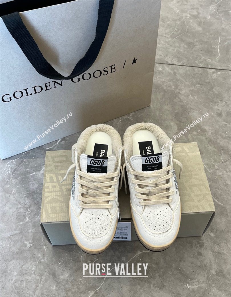 Golden Goose Women’s Ball Star Sabots Sneaker in white leather and wool with silver glitter star 2025 1030 (MD-251031056)