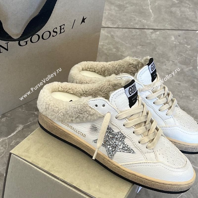 Golden Goose Women’s Ball Star Sabots Sneaker in white leather and wool with silver glitter star 2025 1030 (MD-251031056)