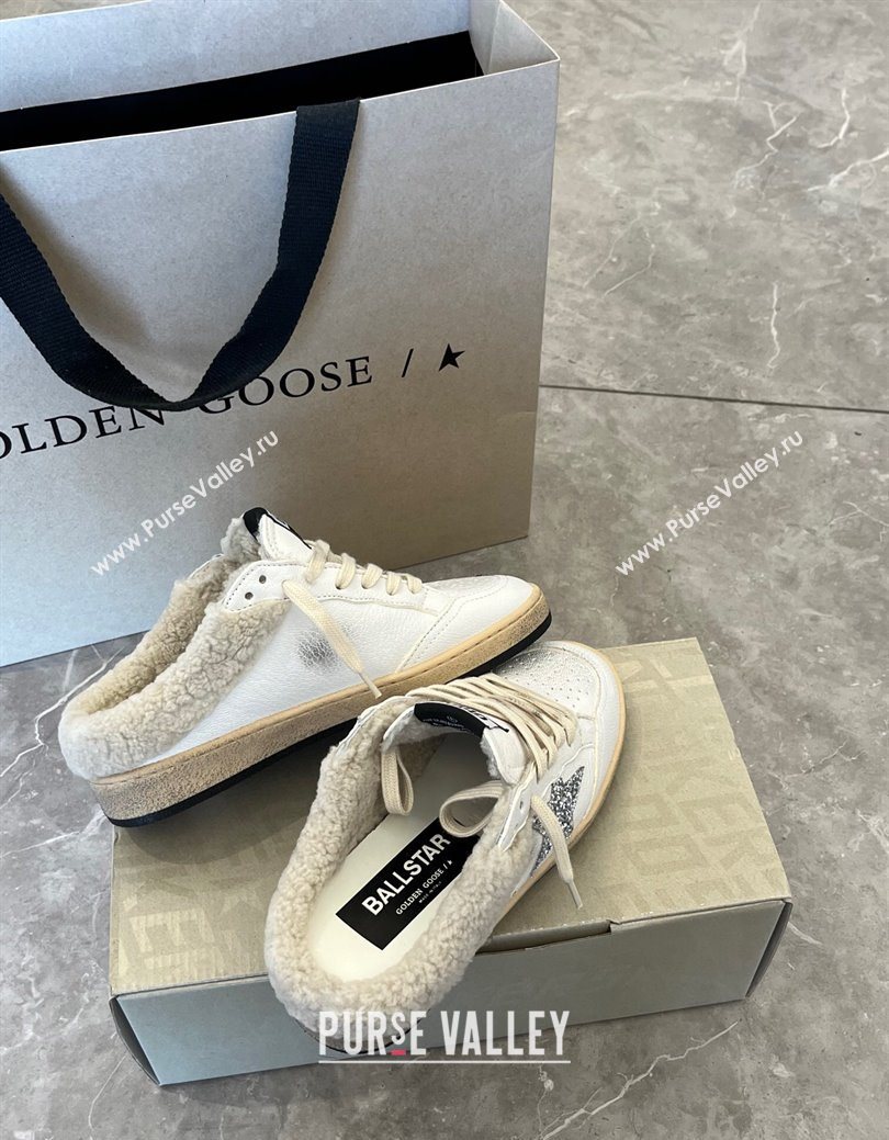 Golden Goose Women’s Ball Star Sabots Sneaker in white leather and wool with silver glitter star 2025 1030 (MD-251031056)