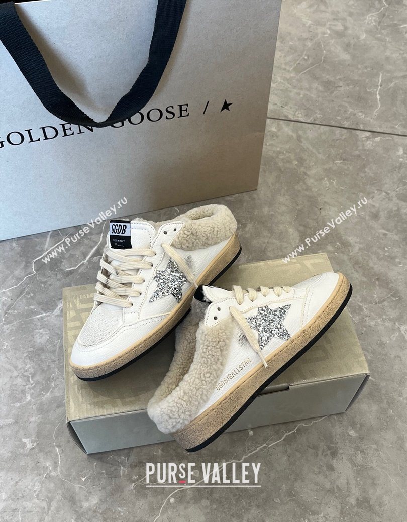 Golden Goose Women’s Ball Star Sabots Sneaker in white leather and wool with silver glitter star 2025 1030 (MD-251031056)