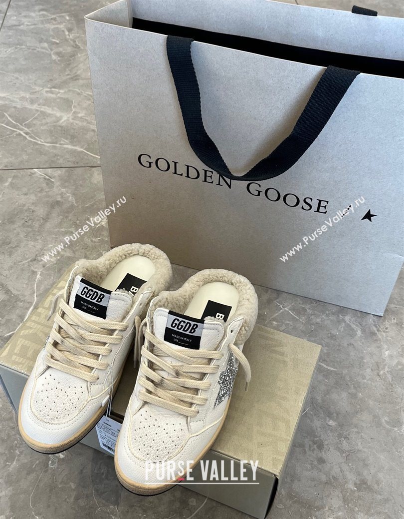 Golden Goose Women’s Ball Star Sabots Sneaker in white leather and wool with silver glitter star 2025 1030 (MD-251031056)