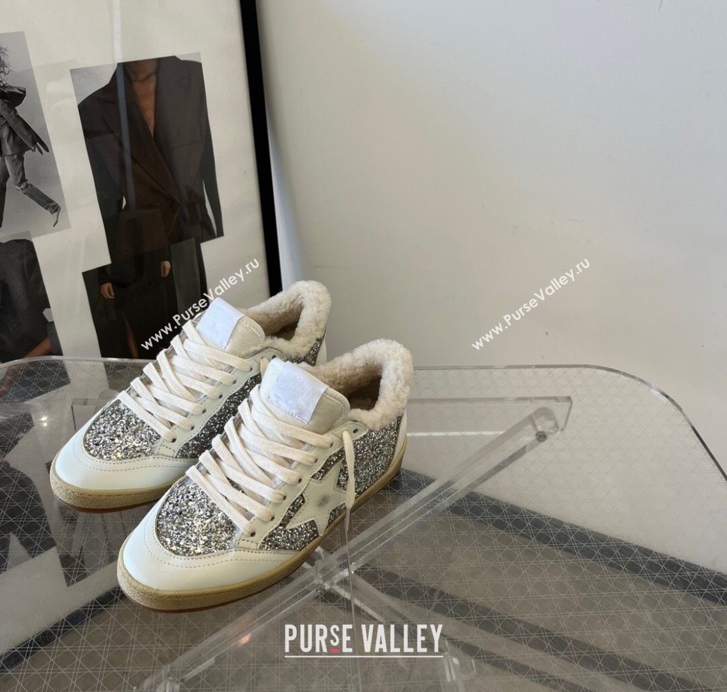 Golden Goose Women’s Ball Star Sneakers in nappa leather and wool with silver glitter 2025 1031 (MD-251031050)