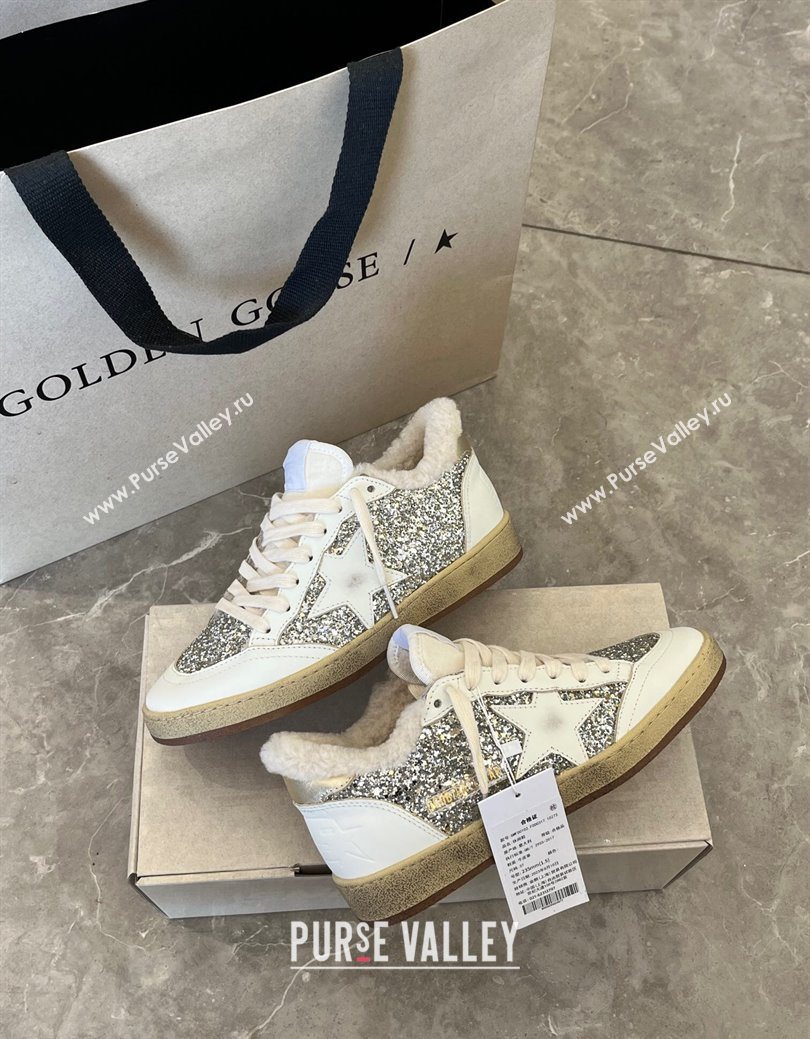 Golden Goose Women’s Ball Star Sneakers in nappa leather and wool with silver glitter 2025 1031 (MD-251031050)