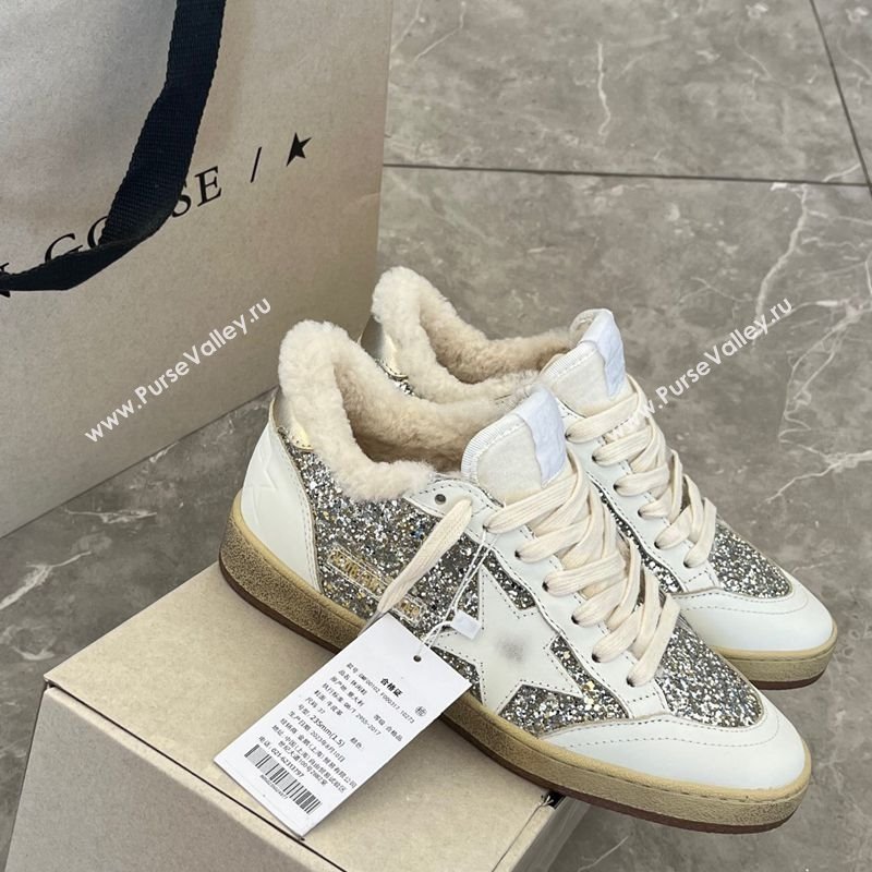 Golden Goose Women’s Ball Star Sneakers in nappa leather and wool with silver glitter 2025 1031 (MD-251031050)