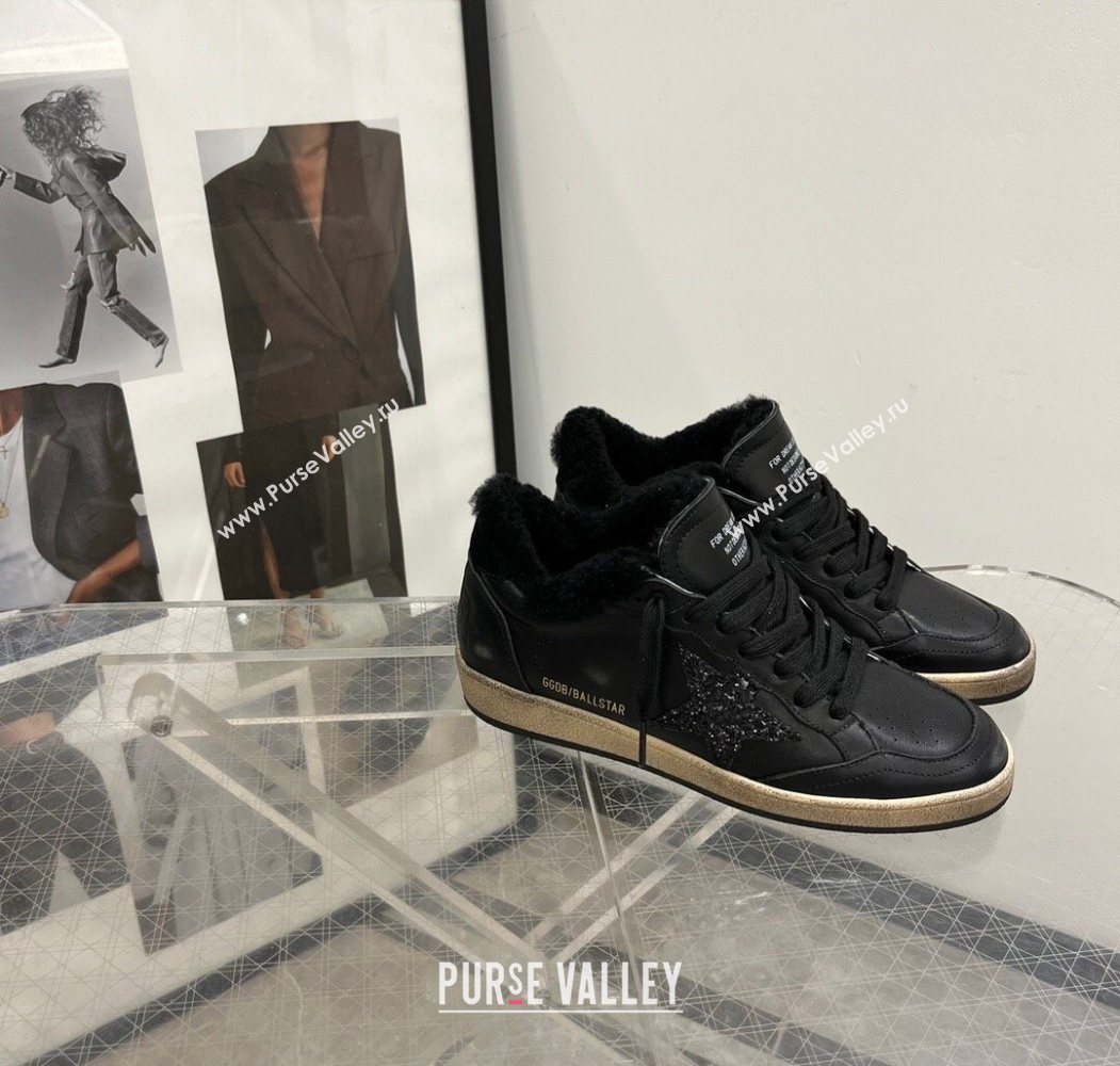 Golden Goose Women’s Ball Star Sneakers in leather and wool with black glitter star 2025 1031 (MD-251031052)