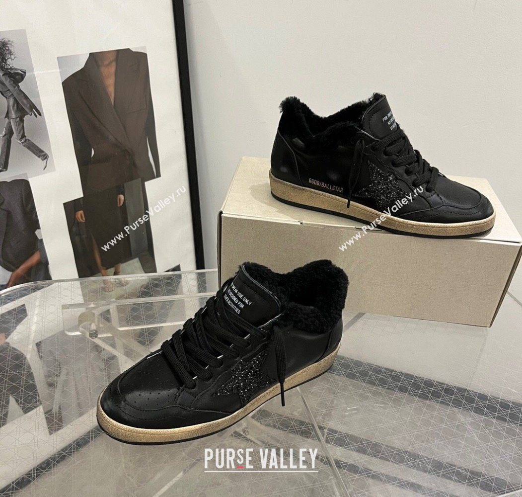 Golden Goose Women’s Ball Star Sneakers in leather and wool with black glitter star 2025 1031 (MD-251031052)
