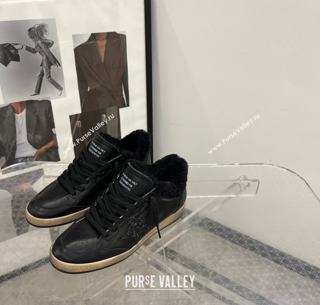 Golden Goose Women’s Ball Star Sneakers in leather and wool with black glitter star 2025 1031 (MD-251031052)