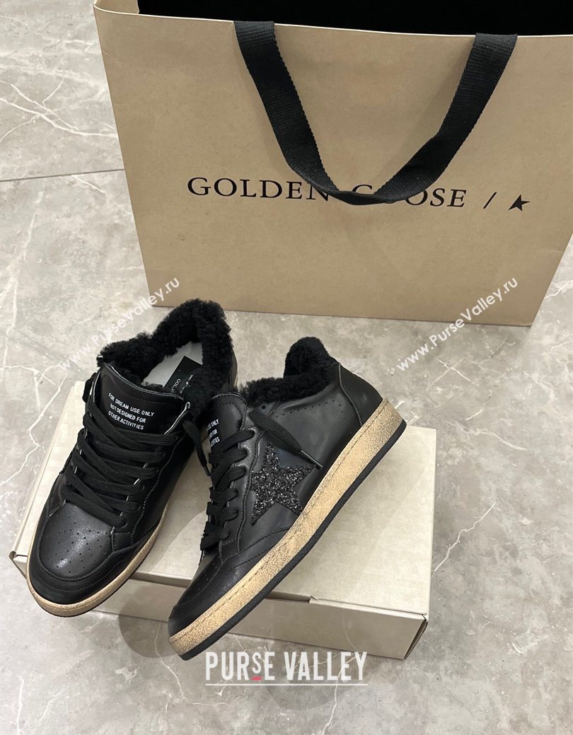 Golden Goose Women’s Ball Star Sneakers in leather and wool with black glitter star 2025 1031 (MD-251031052)