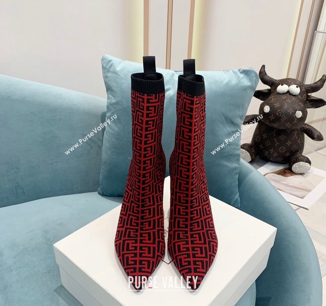 Balmain Stretch Knit Skye Ankle Boots 9.5cm with Monogram Red 2024 BM101002 (KER-241010112)