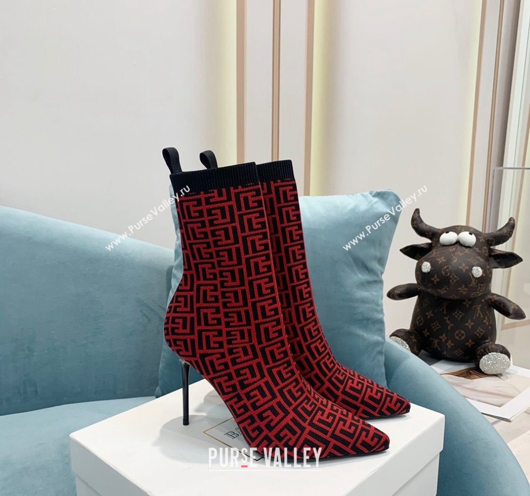 Balmain Stretch Knit Skye Ankle Boots 9.5cm with Monogram Red 2024 BM101002 (KER-241010112)