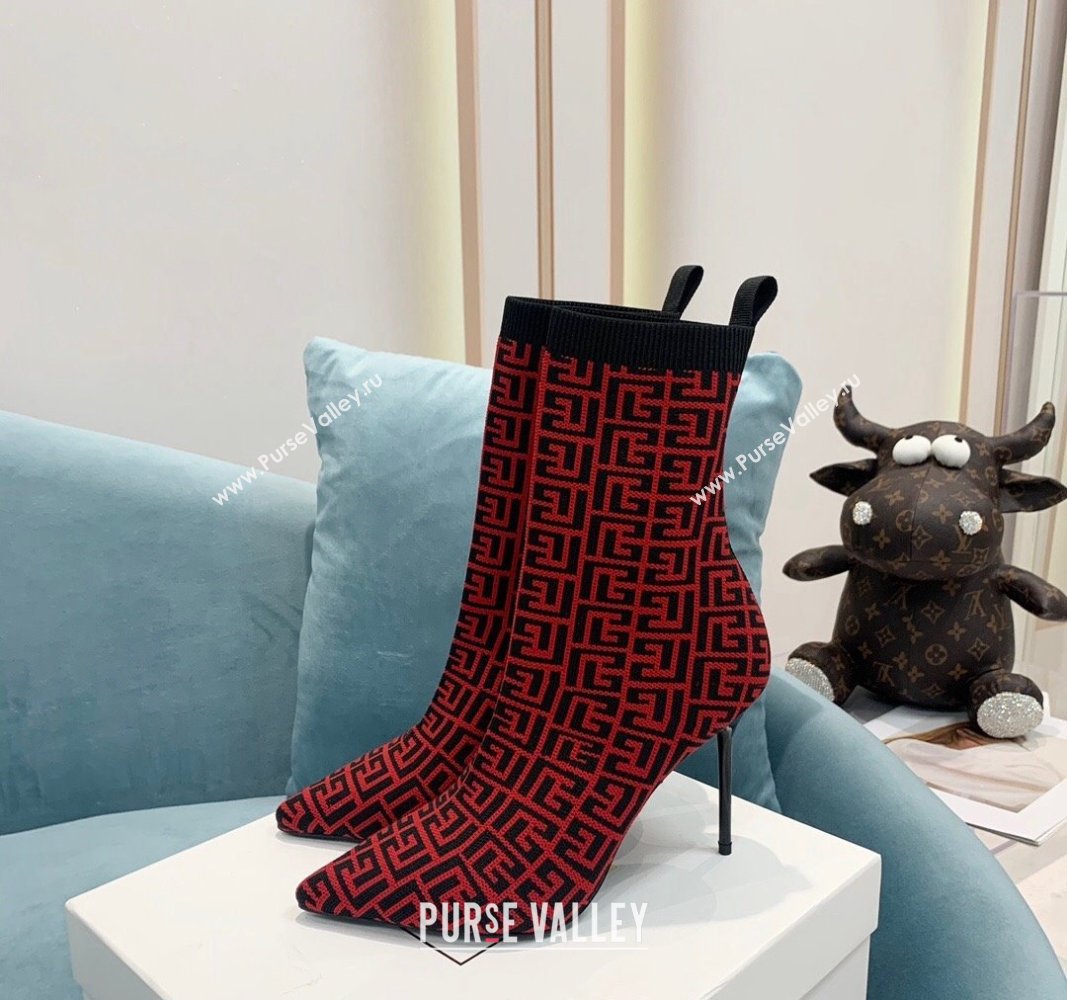 Balmain Stretch Knit Skye Ankle Boots 9.5cm with Monogram Red 2024 BM101002 (KER-241010112)