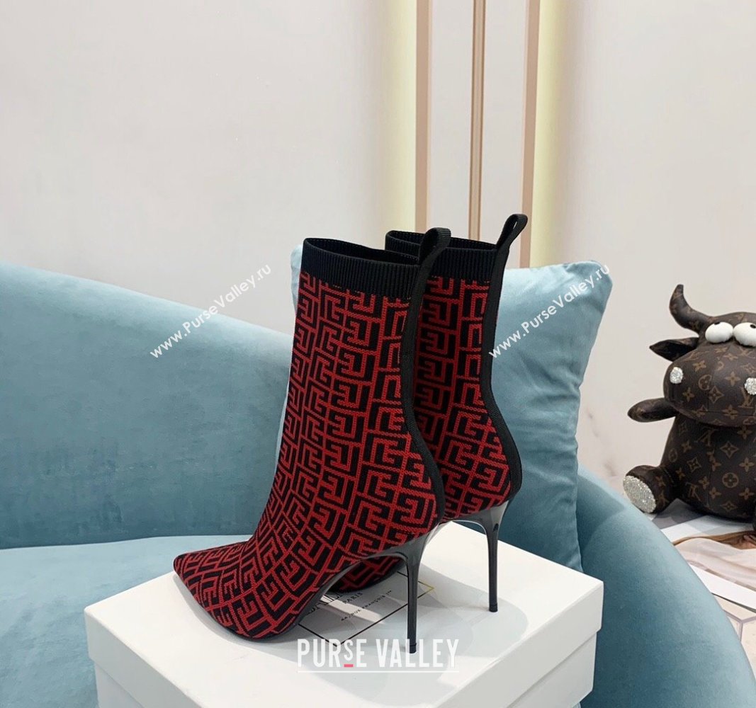 Balmain Stretch Knit Skye Ankle Boots 9.5cm with Monogram Red 2024 BM101002 (KER-241010112)