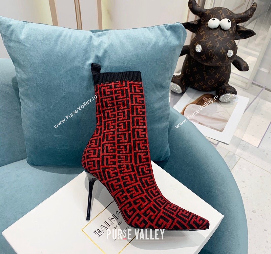 Balmain Stretch Knit Skye Ankle Boots 9.5cm with Monogram Red 2024 BM101002 (KER-241010112)