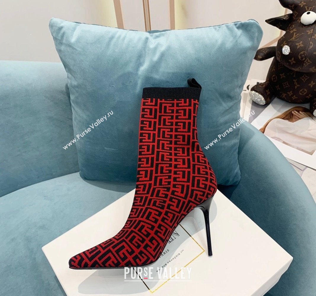 Balmain Stretch Knit Skye Ankle Boots 9.5cm with Monogram Red 2024 BM101002 (KER-241010112)