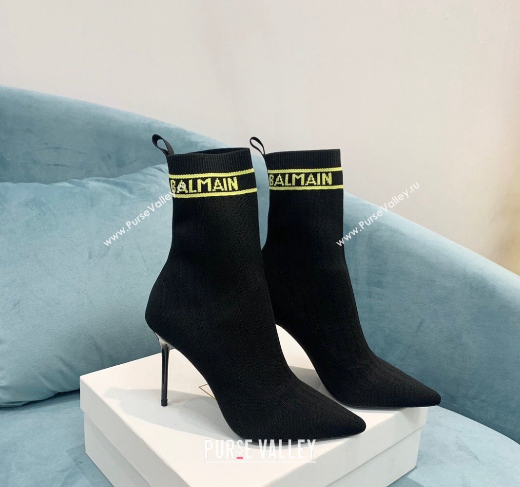 Balmain Knit Skye Ankle Boots 9.5cm with Logo Band Black/Green 2024 BM101002 (KER-241010120)