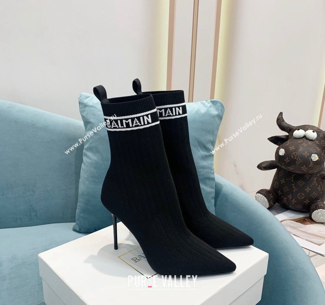 Balmain Knit Skye Ankle Boots 9.5cm with Logo Band Black/White 2024 BM101002 (KER-241010122)