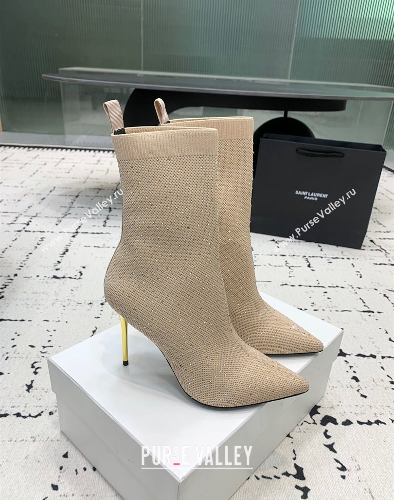 Balmain Stretch Knit Skye Ankle Boots 9.5cm with Strass Beige 2024 BM101001 (KER-241010102)