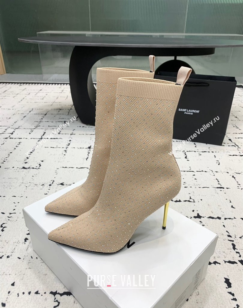 Balmain Stretch Knit Skye Ankle Boots 9.5cm with Strass Beige 2024 BM101001 (KER-241010102)