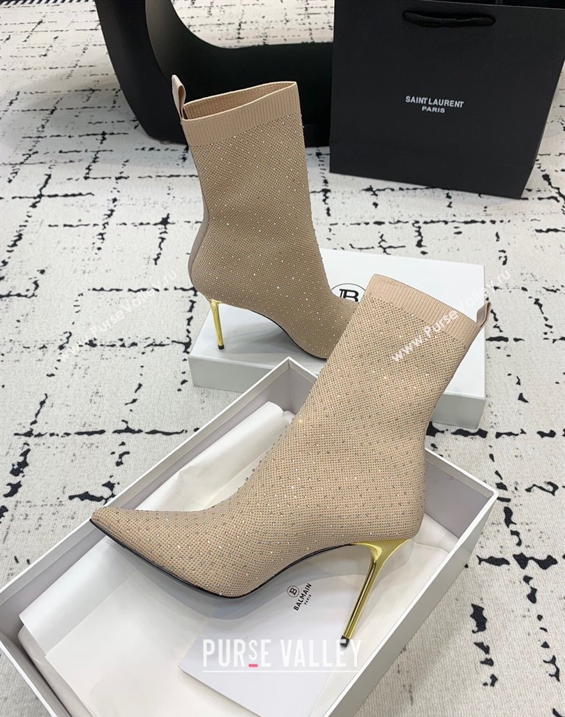 Balmain Stretch Knit Skye Ankle Boots 9.5cm with Strass Beige 2024 BM101001 (KER-241010102)