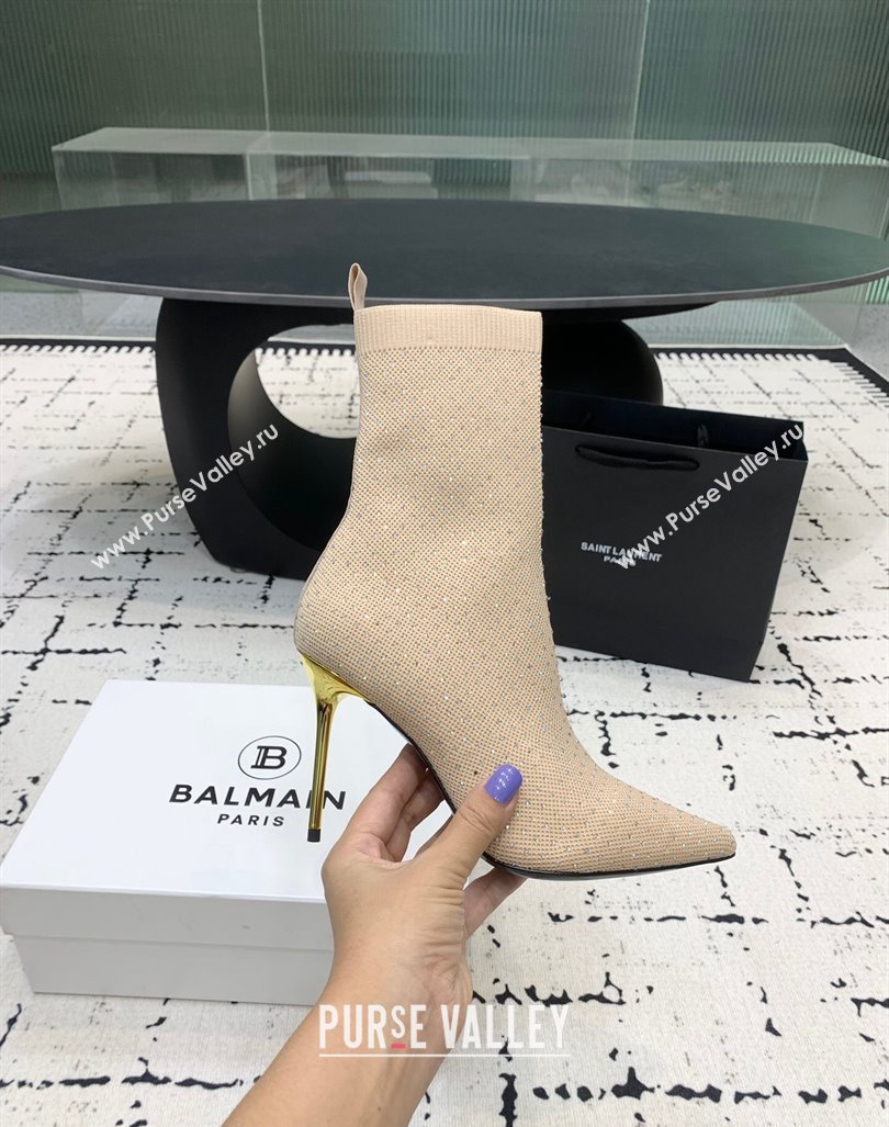 Balmain Stretch Knit Skye Ankle Boots 9.5cm with Strass Beige 2024 BM101001 (KER-241010102)