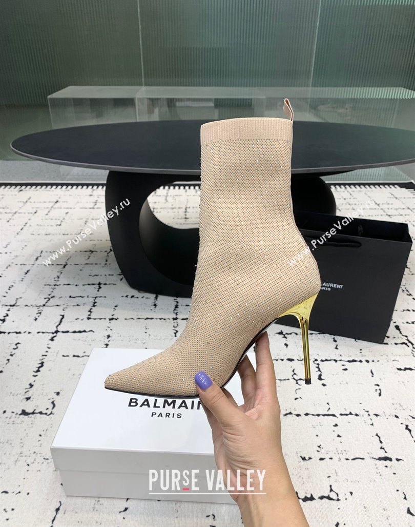 Balmain Stretch Knit Skye Ankle Boots 9.5cm with Strass Beige 2024 BM101001 (KER-241010102)