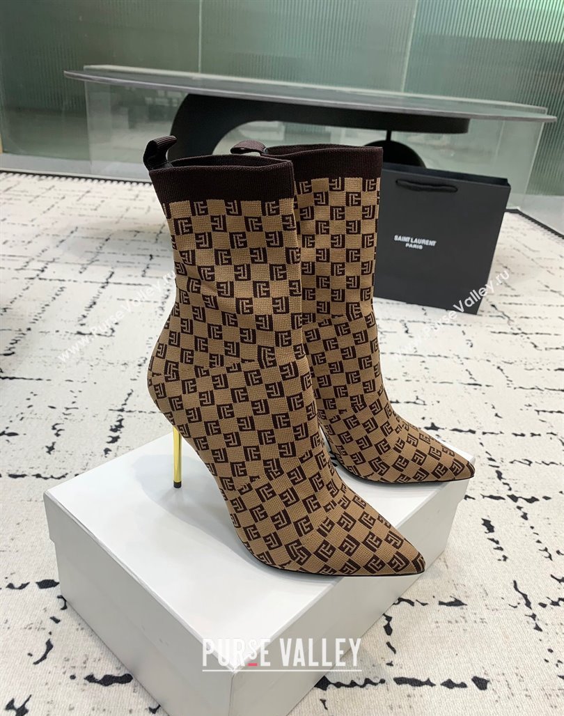 Balmain Stretch Knit Skye Ankle Boots 9.5cm with Monogram Brown 2024 BM101001 (KER-241010105)