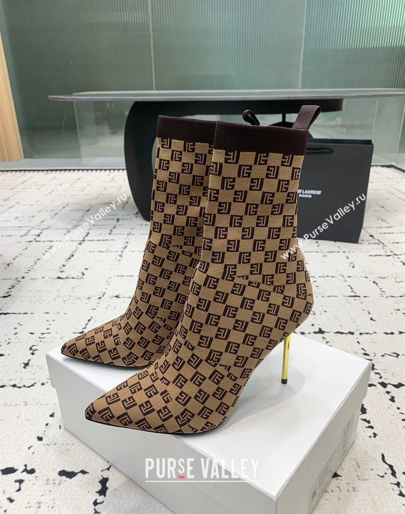 Balmain Stretch Knit Skye Ankle Boots 9.5cm with Monogram Brown 2024 BM101001 (KER-241010105)