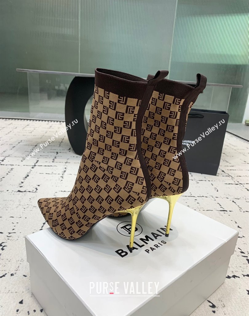 Balmain Stretch Knit Skye Ankle Boots 9.5cm with Monogram Brown 2024 BM101001 (KER-241010105)