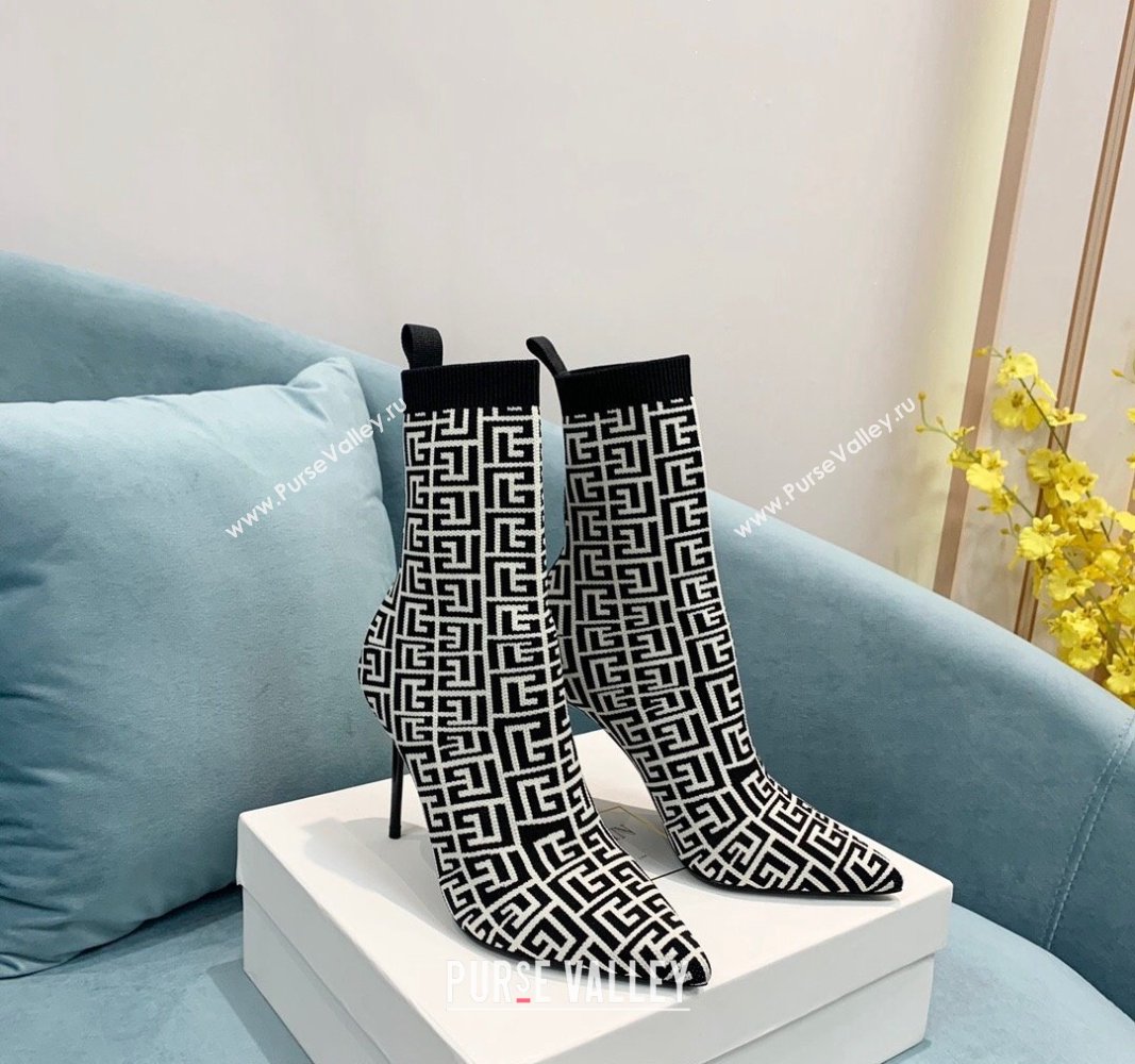 Balmain Stretch Knit Skye Ankle Boots 9.5cm with Monogram White/Black 2 2024 BM101002 (KER-241010107)