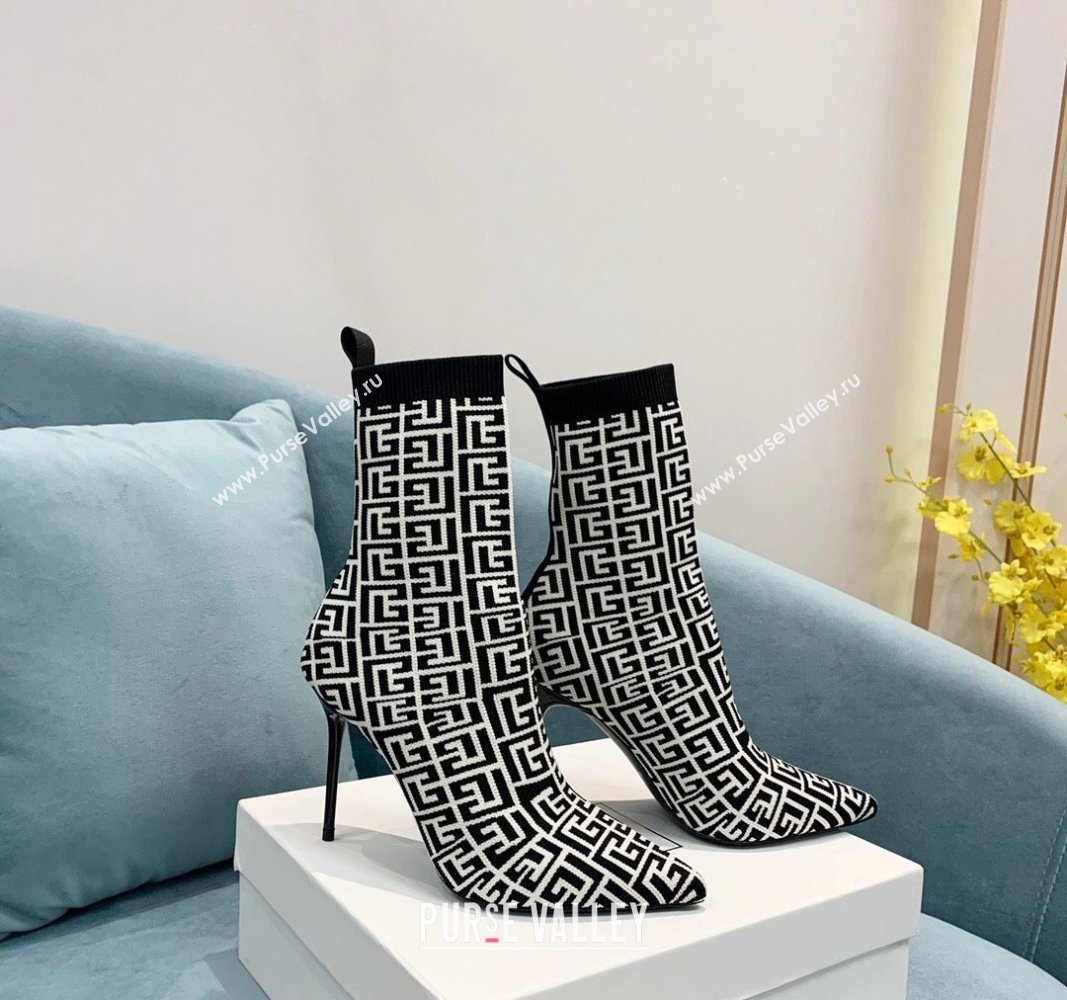 Balmain Stretch Knit Skye Ankle Boots 9.5cm with Monogram White/Black 2 2024 BM101002 (KER-241010107)