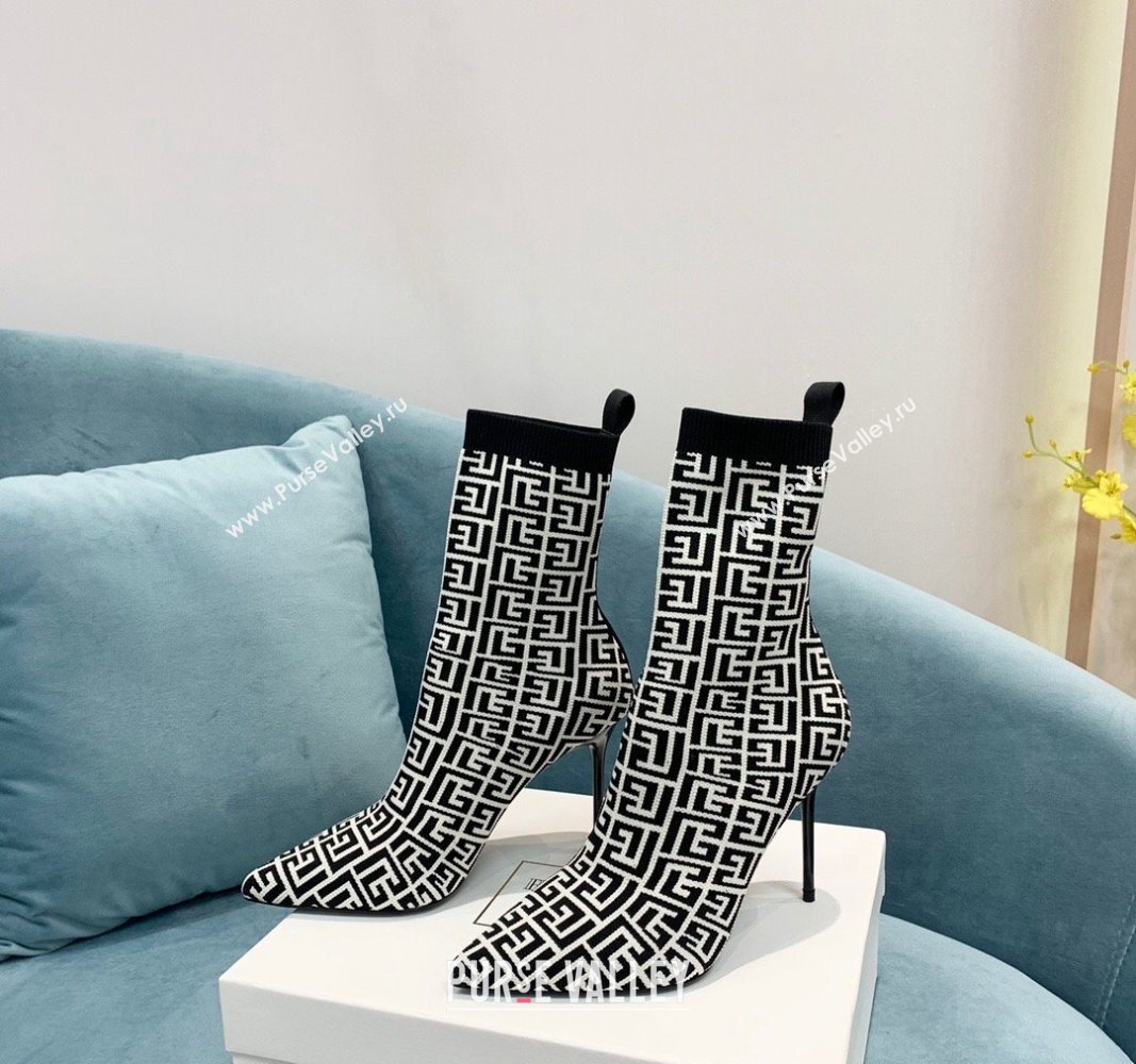 Balmain Stretch Knit Skye Ankle Boots 9.5cm with Monogram White/Black 2 2024 BM101002 (KER-241010107)