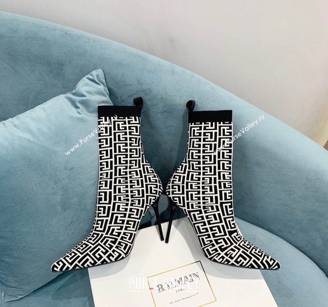 Balmain Stretch Knit Skye Ankle Boots 9.5cm with Monogram White/Black 2 2024 BM101002 (KER-241010107)