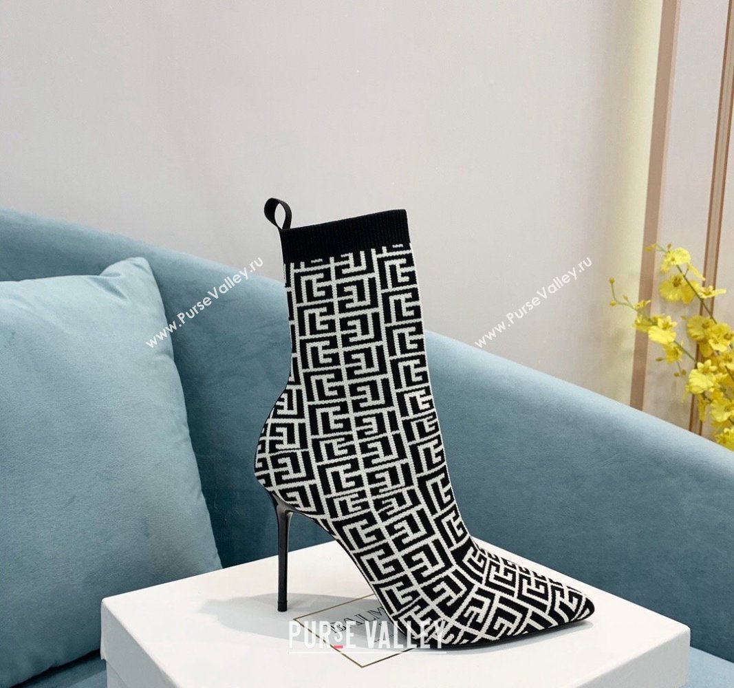 Balmain Stretch Knit Skye Ankle Boots 9.5cm with Monogram White/Black 2 2024 BM101002 (KER-241010107)