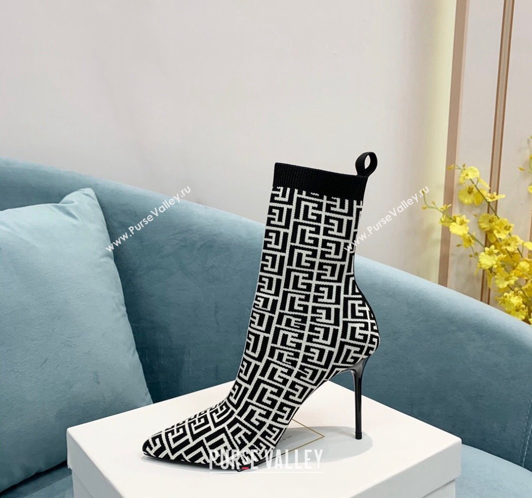 Balmain Stretch Knit Skye Ankle Boots 9.5cm with Monogram White/Black 2 2024 BM101002 (KER-241010107)