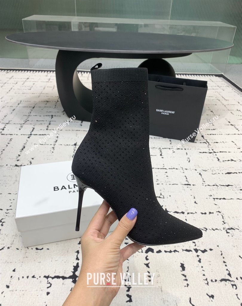 Balmain Stretch Knit Skye Ankle Boots 9.5cm with Black Strass Black 2024 BM101001 (KER-241010100)