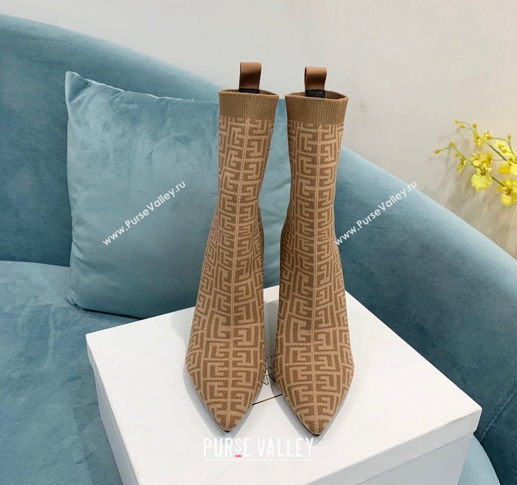 Balmain Stretch Knit Skye Ankle Boots 9.5cm with Monogram Beige 2024 BM101002 (KER-241010109)