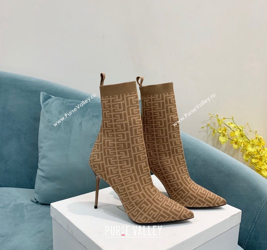 Balmain Stretch Knit Skye Ankle Boots 9.5cm with Monogram Beige 2024 BM101002 (KER-241010109)