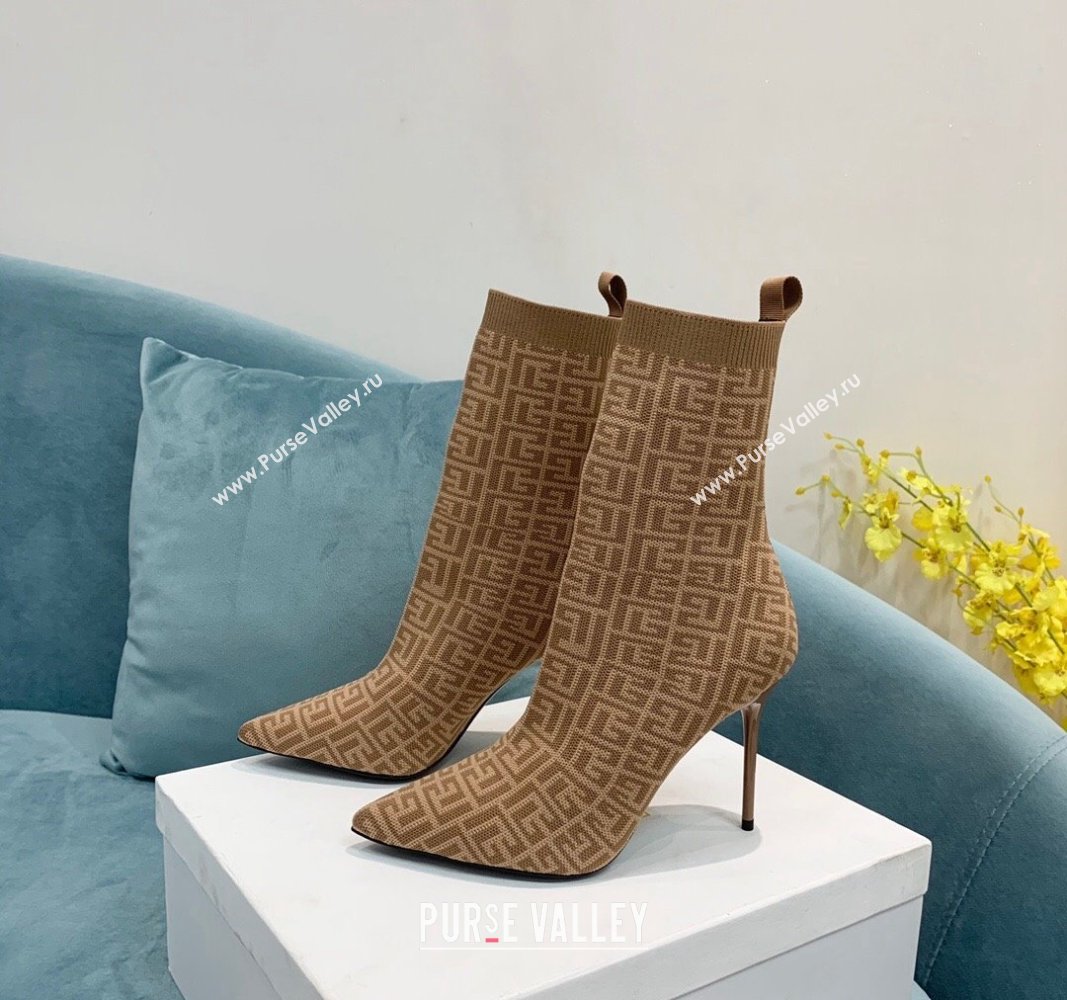 Balmain Stretch Knit Skye Ankle Boots 9.5cm with Monogram Beige 2024 BM101002 (KER-241010109)