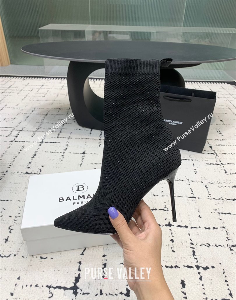 Balmain Stretch Knit Skye Ankle Boots 9.5cm with Black Strass Black 2024 BM101001 (KER-241010100)